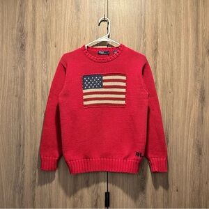 Vintage Polo Ralph Lauren Red Crew Neck Cotton Intarsia Logo Flag Sweater Size L